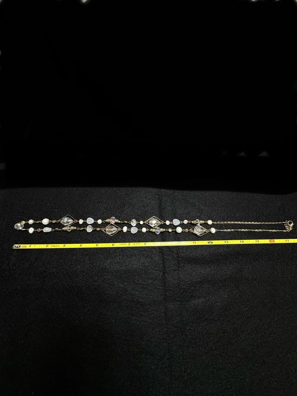 Vintage Elegant Gold-Tone Beaded Long Necklace with Clear and Cream Accents